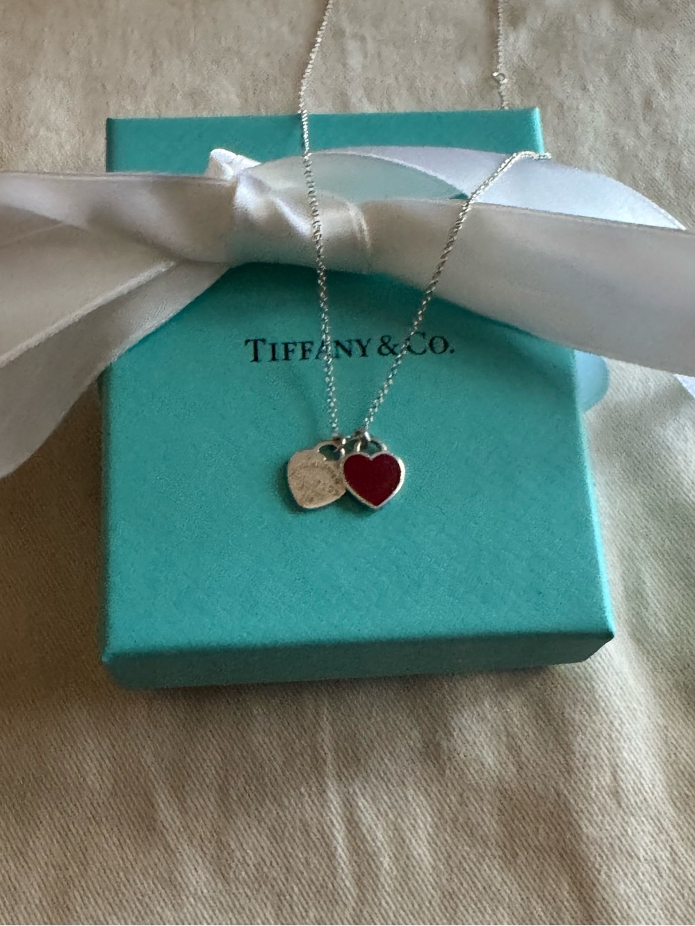 Tiffany & Co. Silver Necklace with Red Heart and Silver Tag